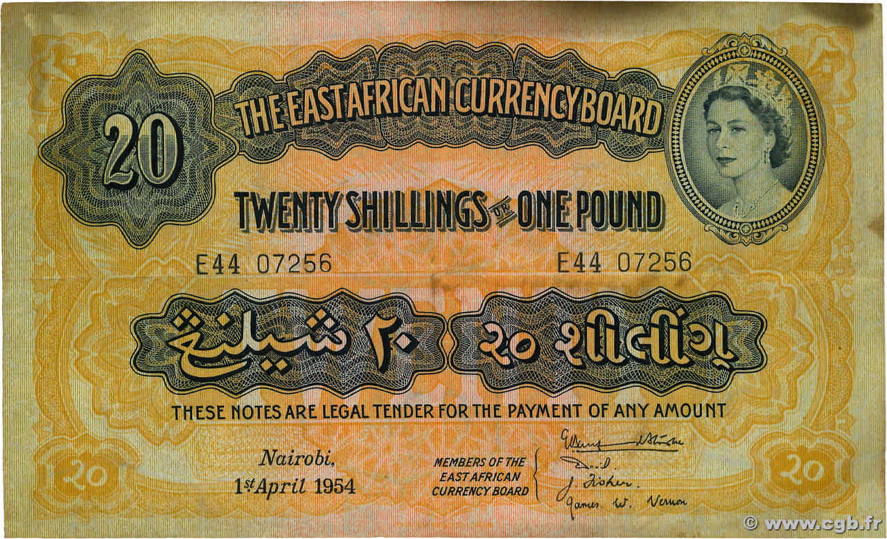 20 Shillings - 1 Pound AFRIQUE DE L EST  1954 P.35 pr.TTB