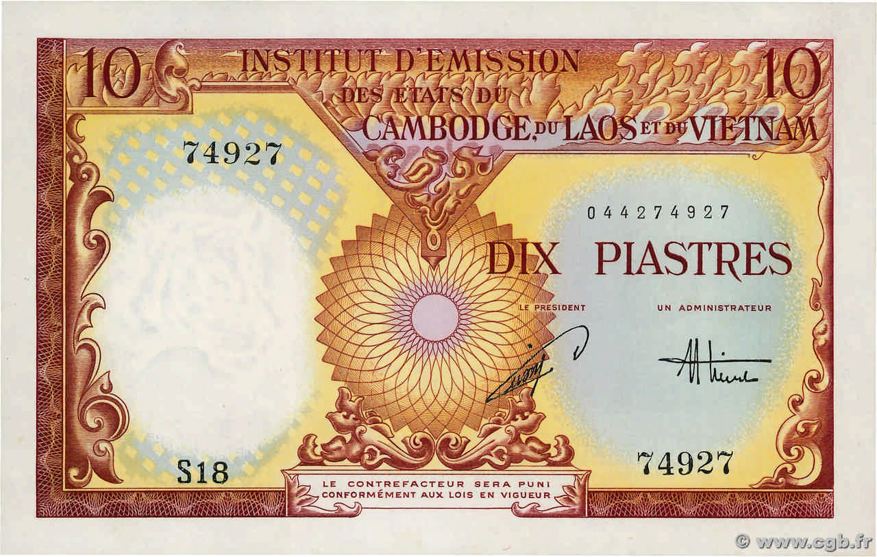 10 Piastres - 10 Dong FRENCH INDOCHINA  1953 P.107 AU