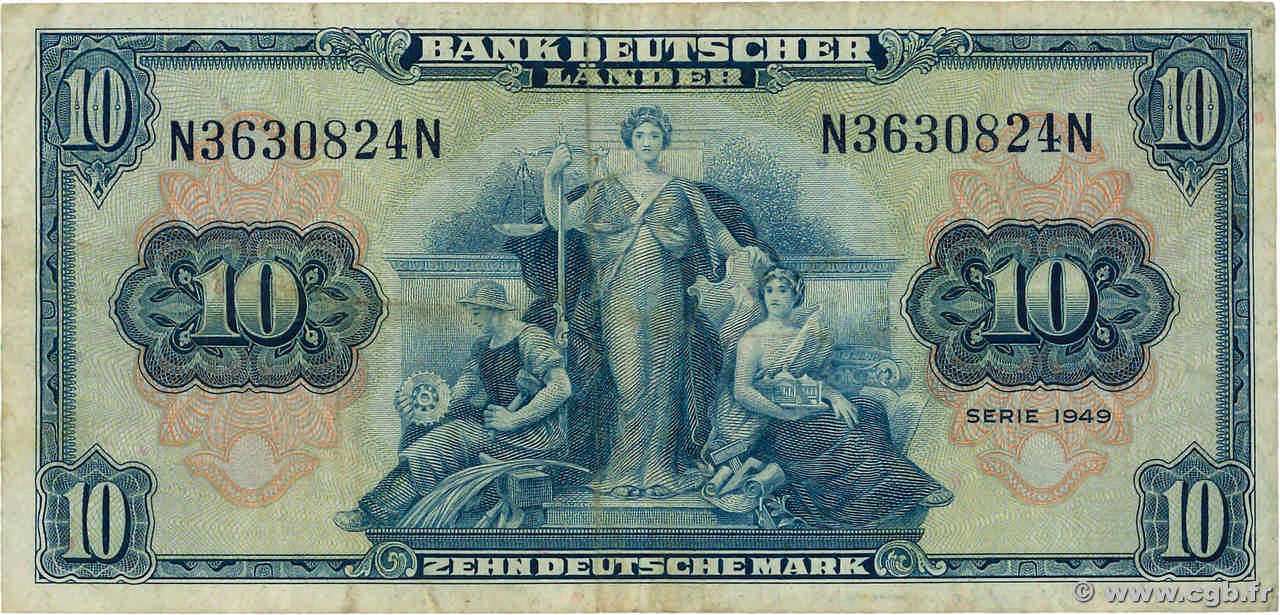10 Deutsche Mark GERMAN FEDERAL REPUBLIC  1949 P.16a F