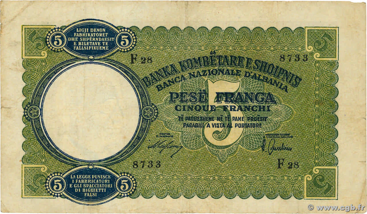 5 Franga ALBANIE  1939 P.06a TB
