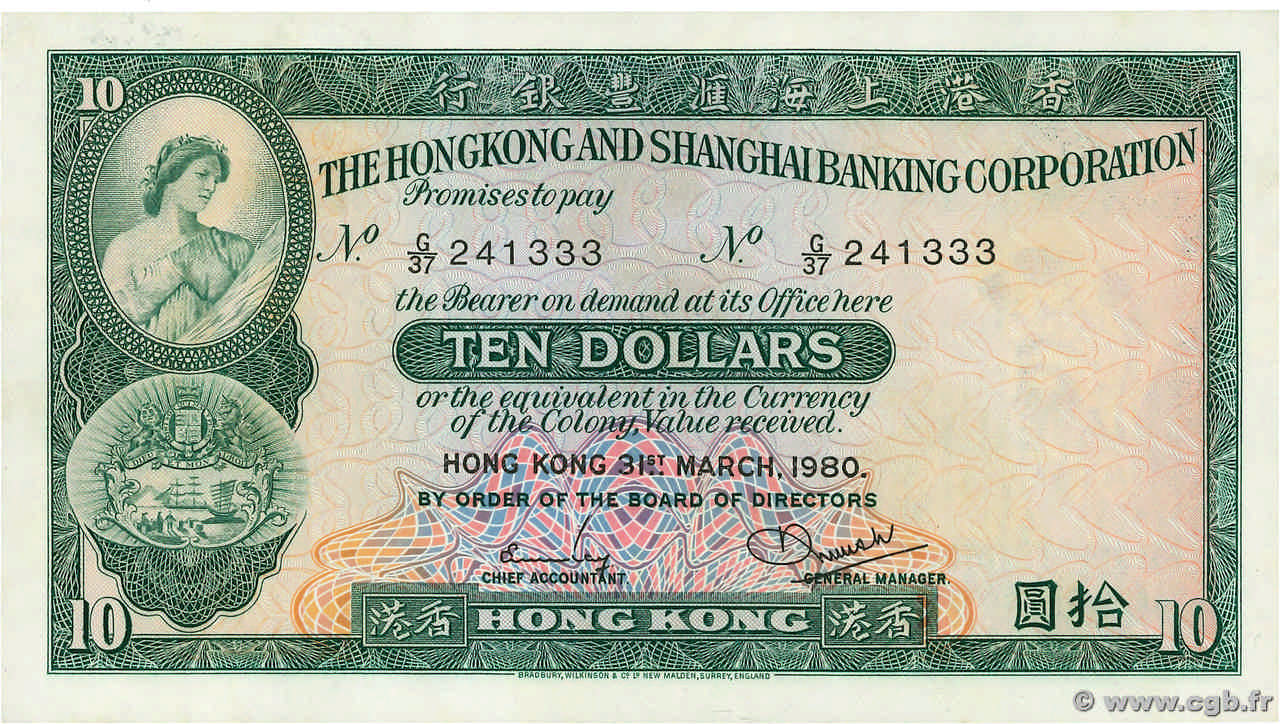 10 Dollars HONG KONG  1980 P.182j pr.NEUF
