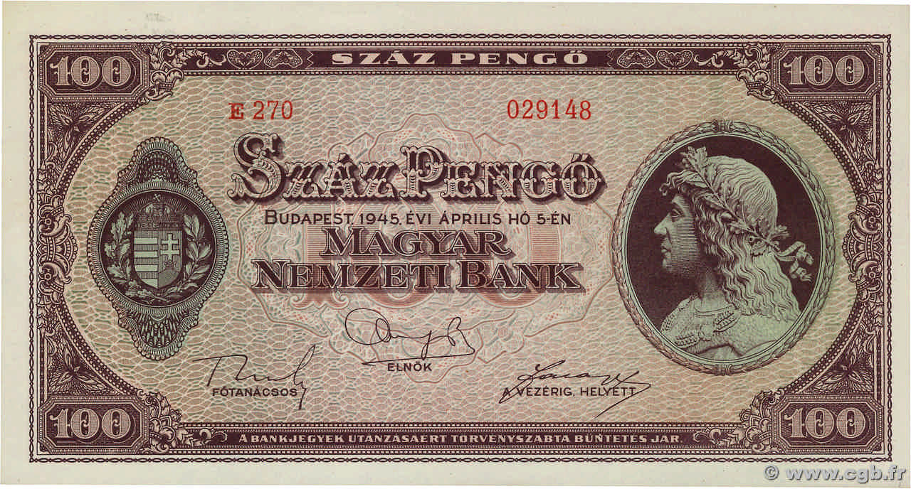 100 Pengö HONGRIE  1945 P.111b pr.NEUF