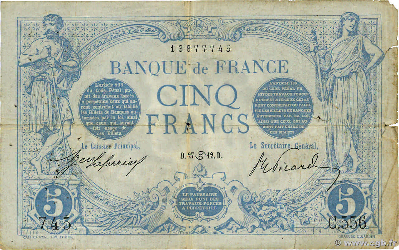 5 Francs BLEU FRANCE  1912 F.02.06 pr.TB