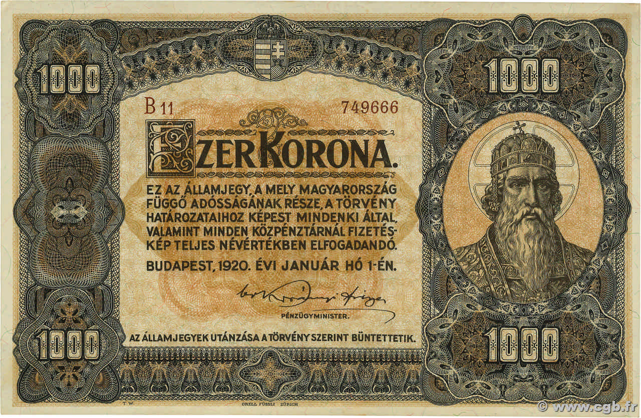 1000 Korona HUNGARY  1920 P.066a XF