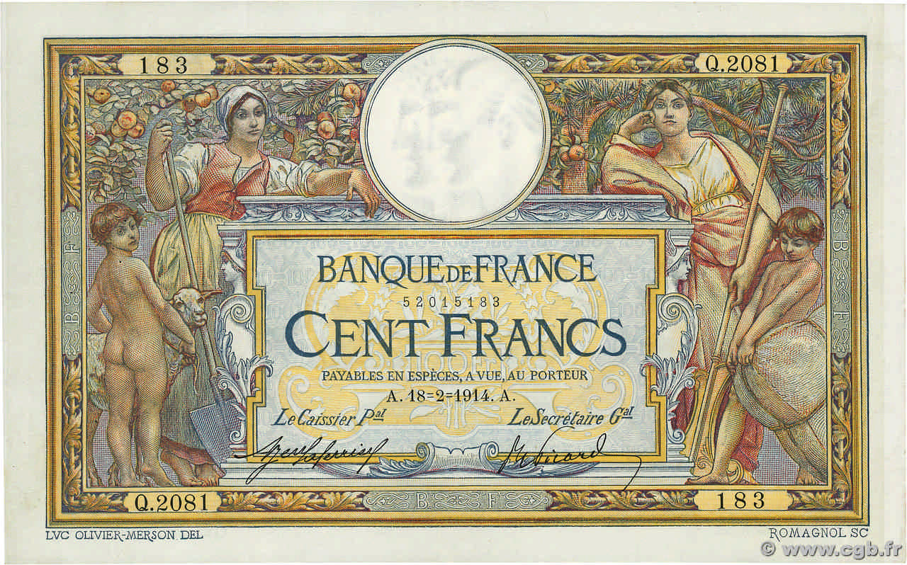 100 Francs LUC OLIVIER MERSON sans LOM FRANCIA  1914 F.23.06 MBC+