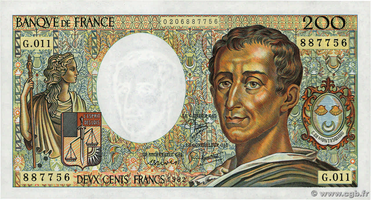 200 Francs MONTESQUIEU FRANCIA  1982 F.70.02 AU+