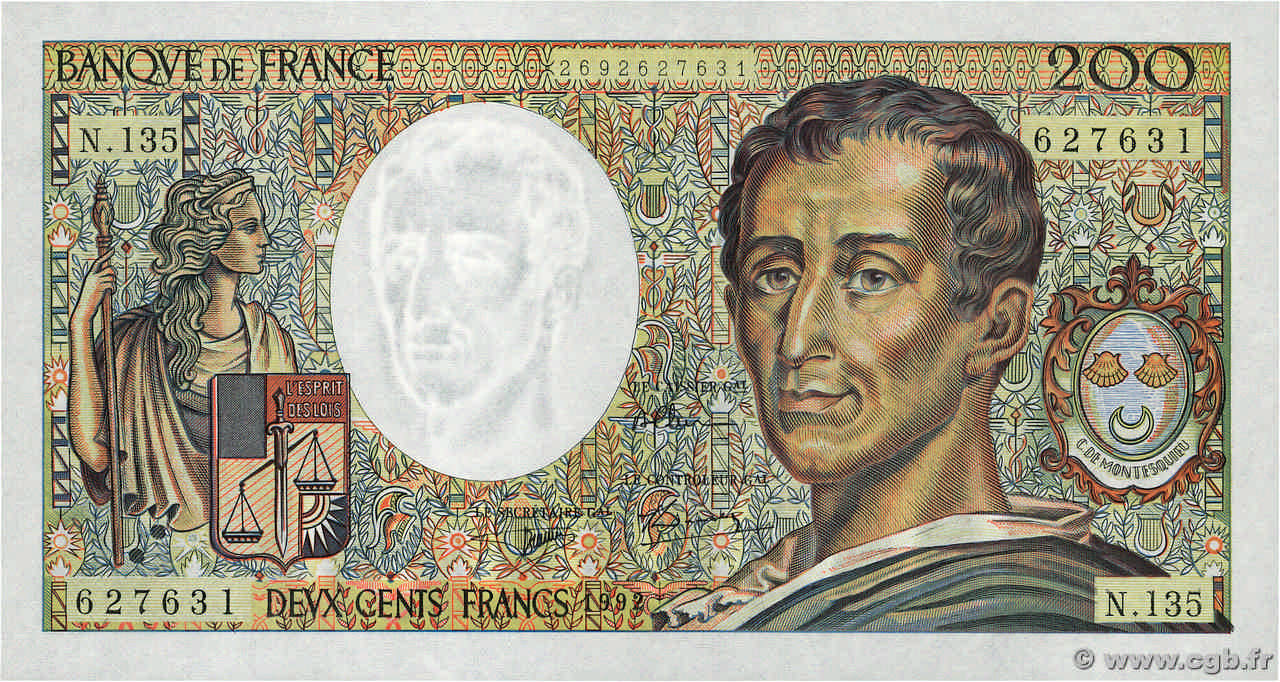 200 Francs MONTESQUIEU FRANCIA  1992 F.70.12c AU