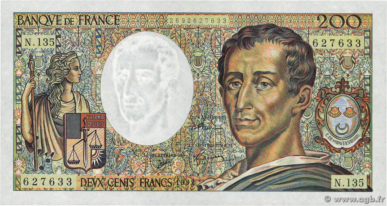 200 Francs MONTESQUIEU FRANCIA  1992 F.70.12c AU