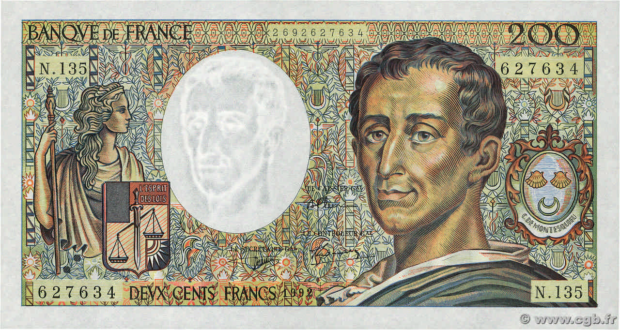 200 Francs MONTESQUIEU FRANCE  1992 F.70.12c SPL