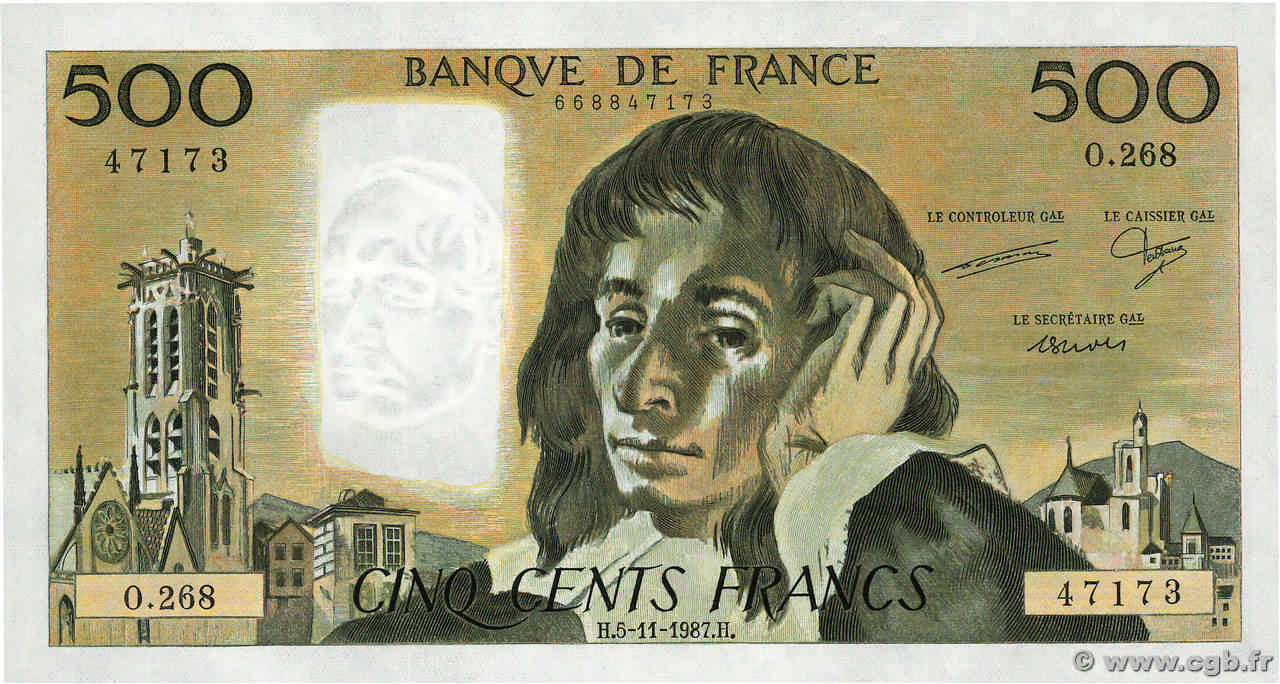 500 Francs PASCAL FRANKREICH  1987 F.71.37 ST