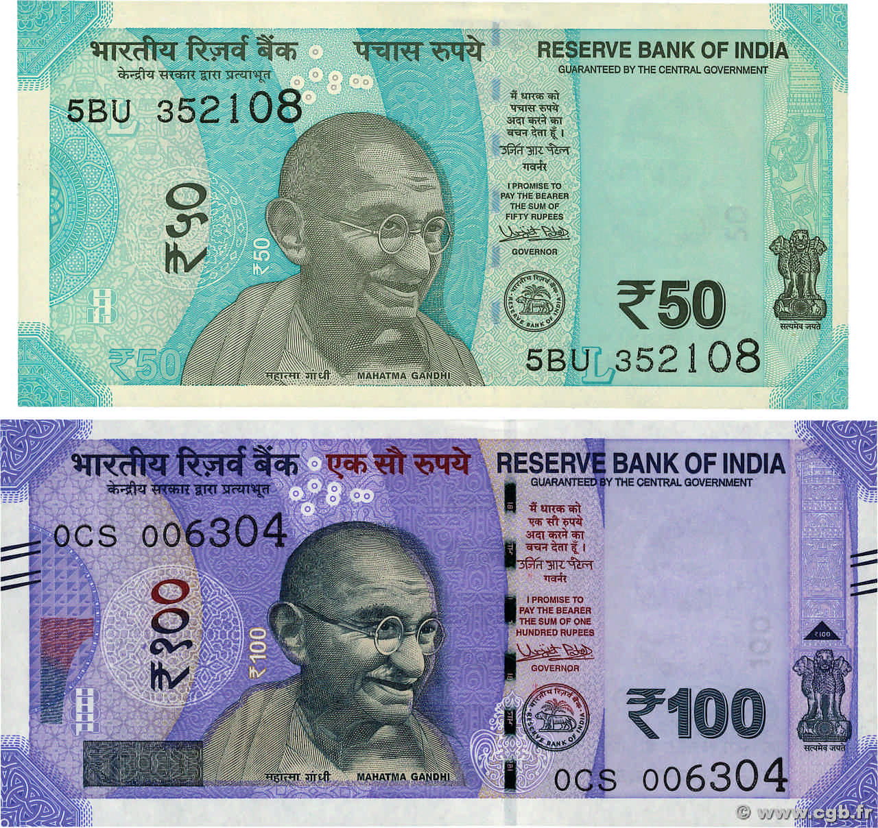 50 et 100 Rupees Lot INDIA
  2017 P.111b et P.112a SC+