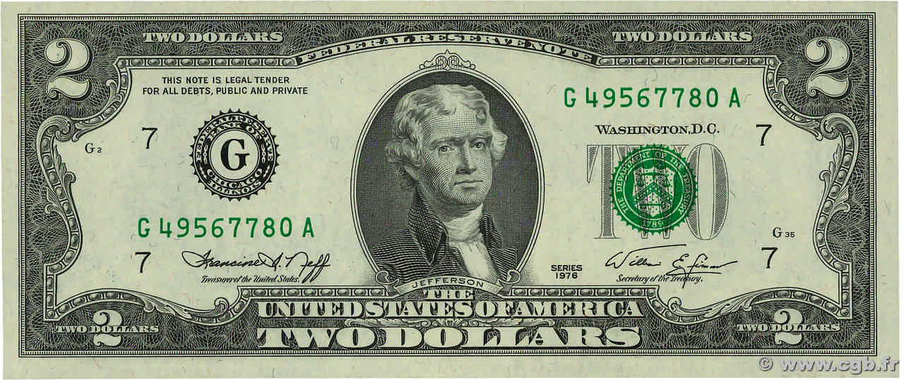 2 Dollars UNITED STATES OF AMERICA Chicago 1976 P.461 UNC