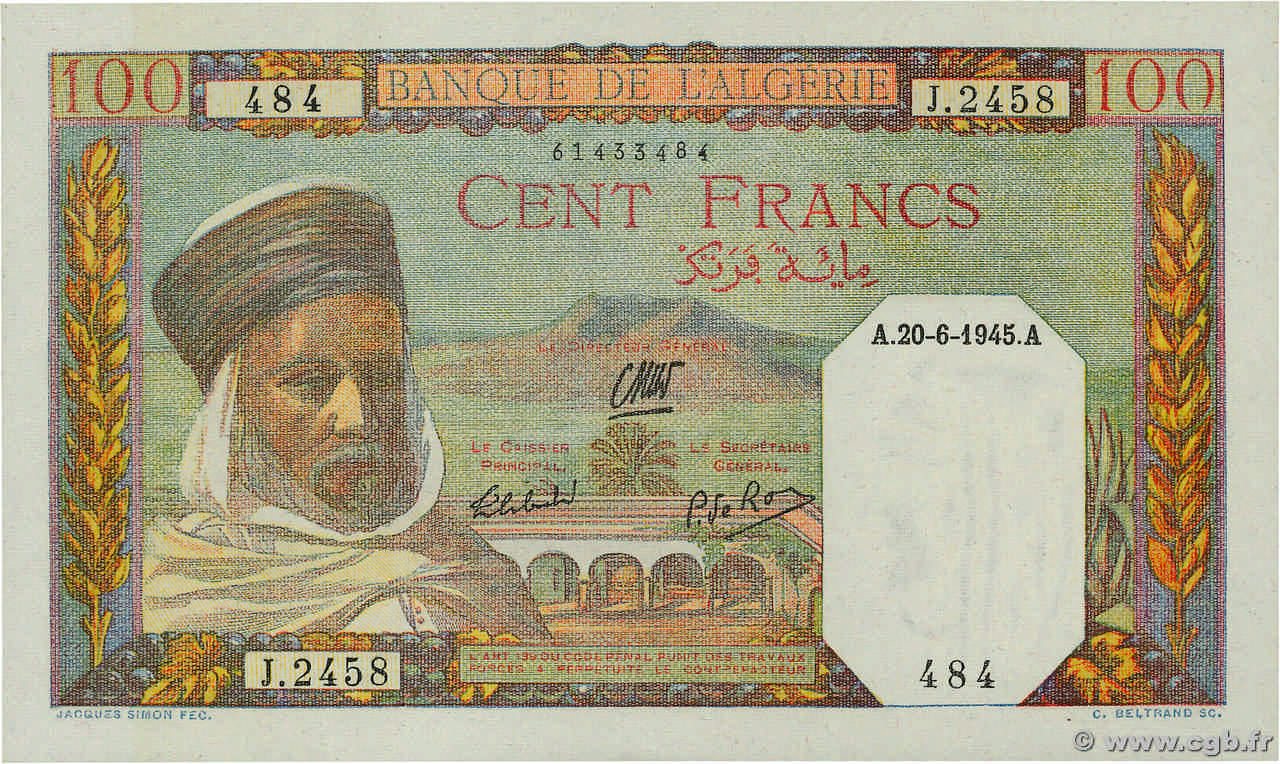 100 Francs ALGERIA  1945 P.085 q.FDC