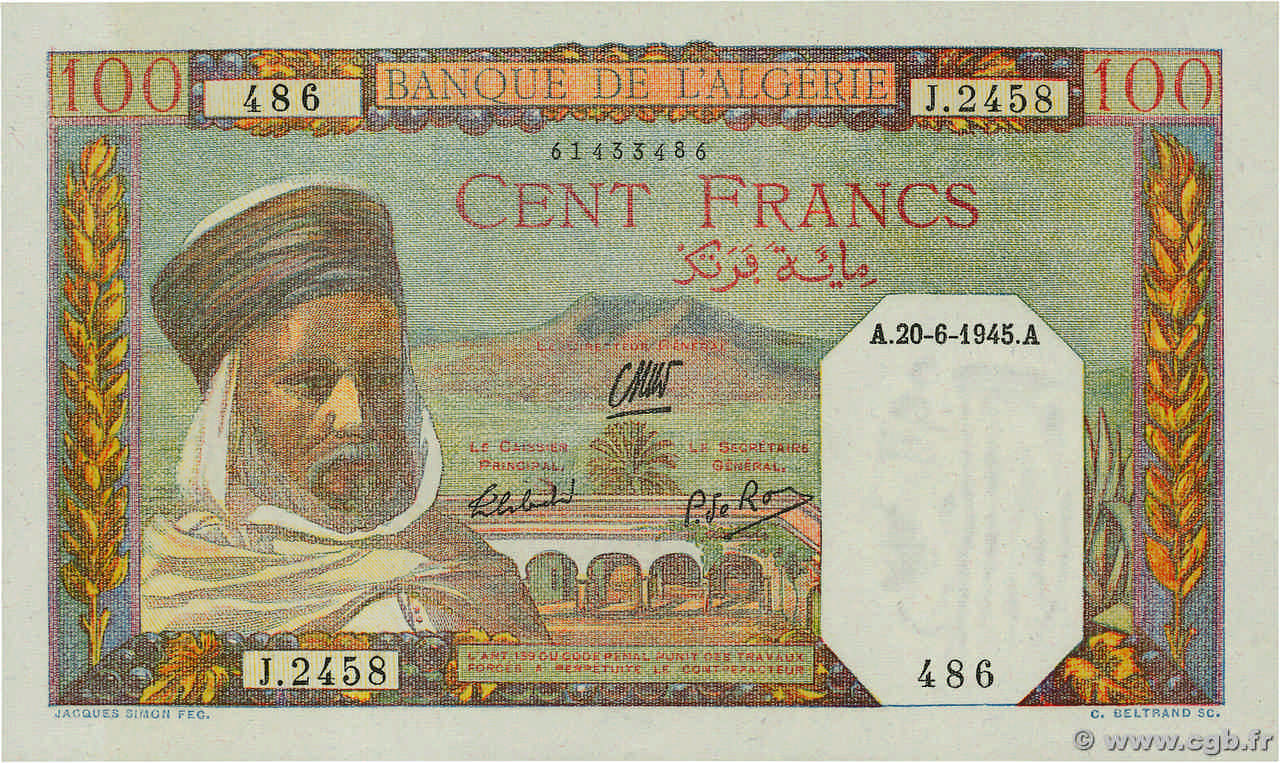 100 Francs ALGERIEN  1945 P.085 fST+