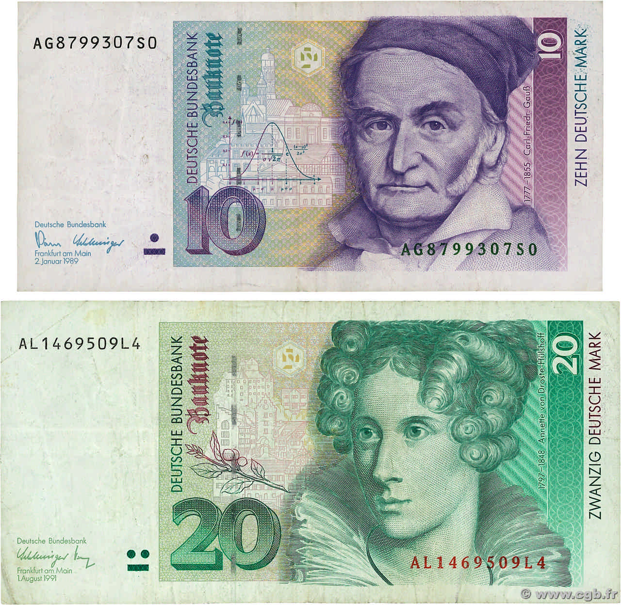 10 et 20 Deutsche Mark Lot ALLEMAGNE FÉDÉRALE  1989 P.38a et P.39a TB