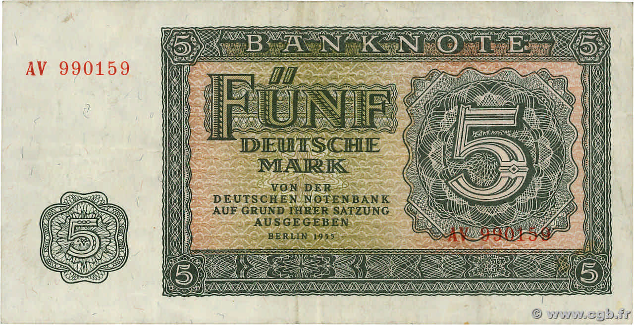 5 Deutsche Mark ALLEMAGNE RÉPUBLIQUE DÉMOCRATIQUE  1955 P.17 pr.TTB