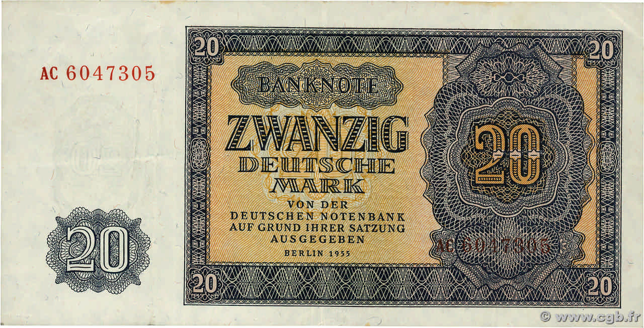 20 Deutsche Mark ALLEMAGNE RÉPUBLIQUE DÉMOCRATIQUE  1955 P.19a TTB+