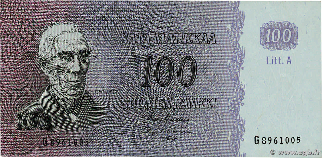 100 Markkaa FINNLAND  1963 P.106a fVZ