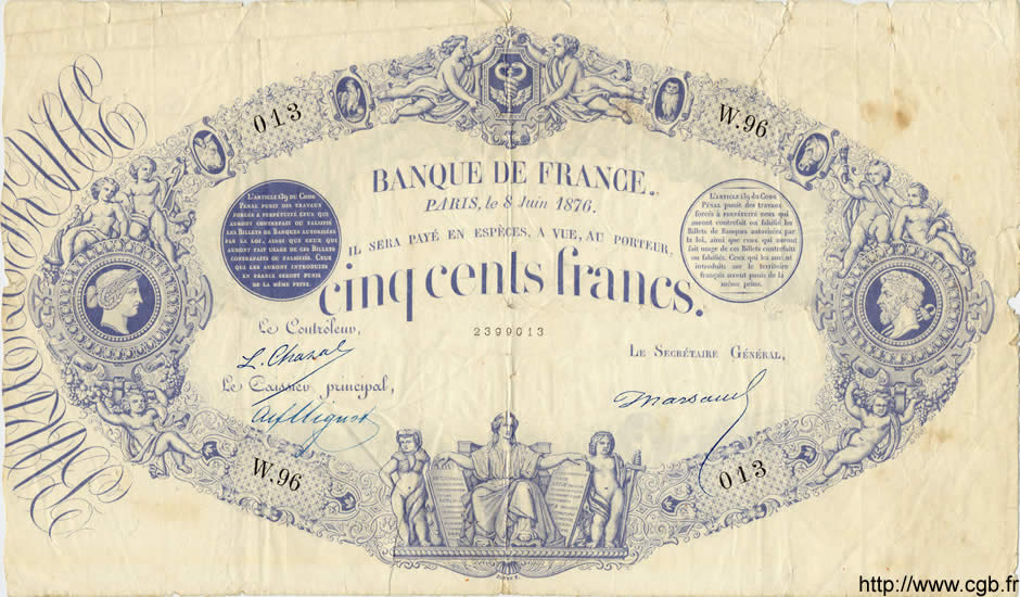 500 Francs Indices Noirs 1863 FRANCIA  1876 F.A40.10 q.MB