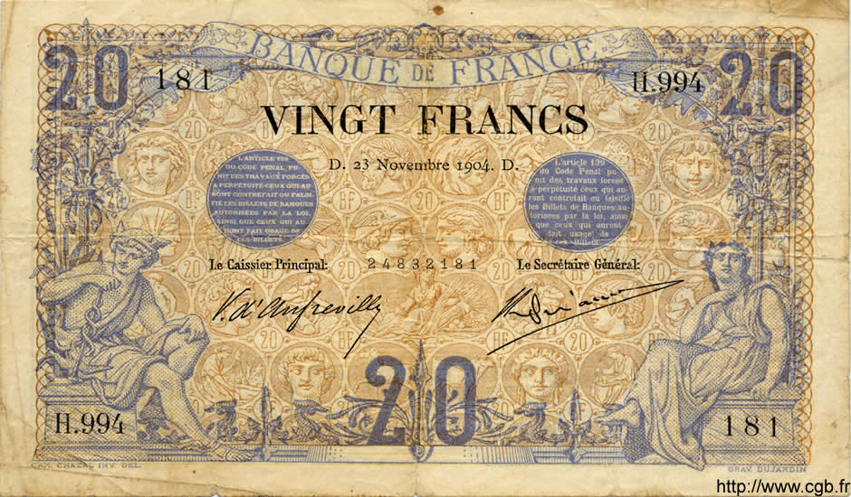 20 Francs NOIR FRANCE  1904 F.09.03 F