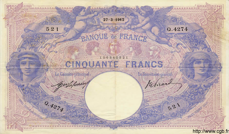 50 Francs BLEU ET ROSE FRANCE  1912 F.14.25 XF