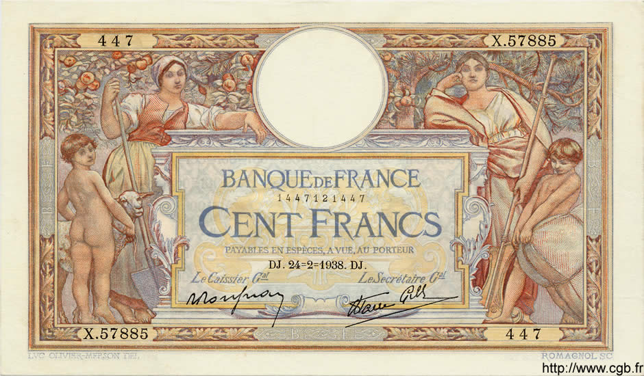 100 Francs LUC OLIVIER MERSON type modifié FRANCIA  1938 F.25.12 EBC