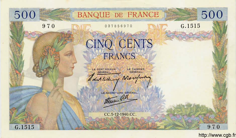 500 Francs LA PAIX FRANKREICH  1940 F.32.10 fST+