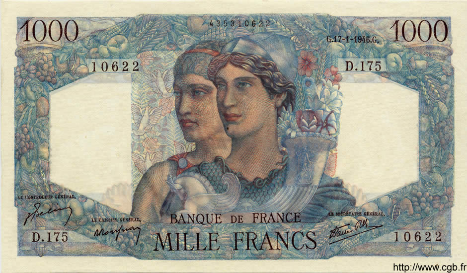1000 Francs MINERVE ET HERCULE FRANCE  1946 F.41.10 AU
