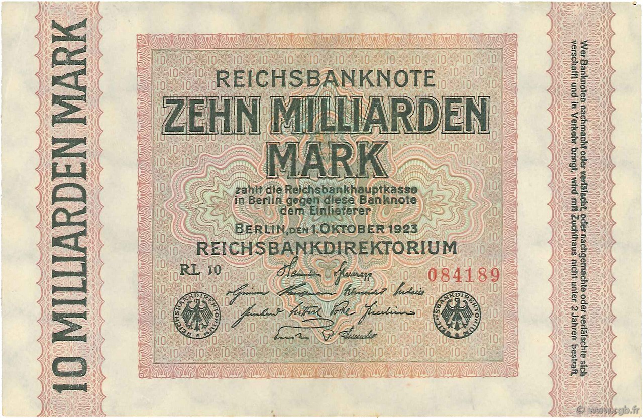 10 Milliards Mark GERMANY  1923 P.117c AU+
