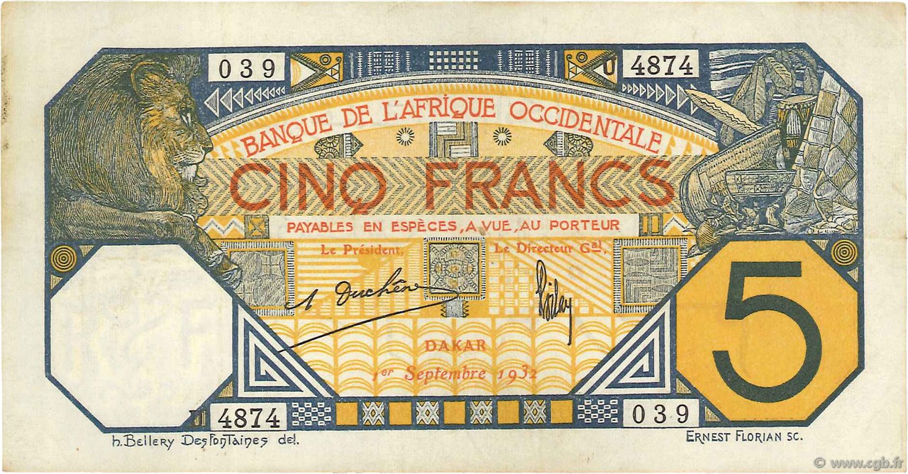 5 Francs DAKAR FRENCH WEST AFRICA Dakar 1932 P.05Bf VF