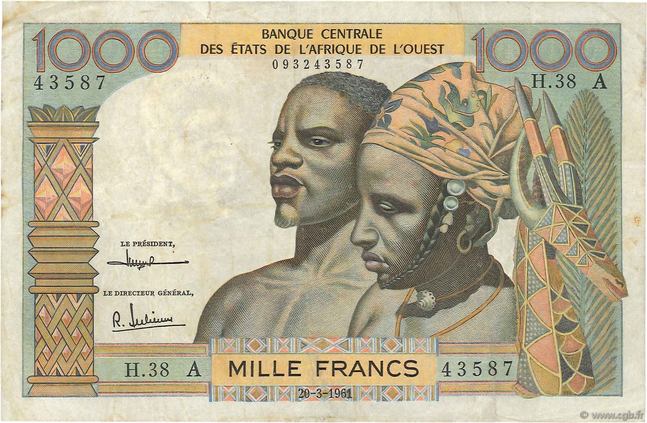 1000 Francs WEST AFRICAN STATES  1961 P.103Ac F+