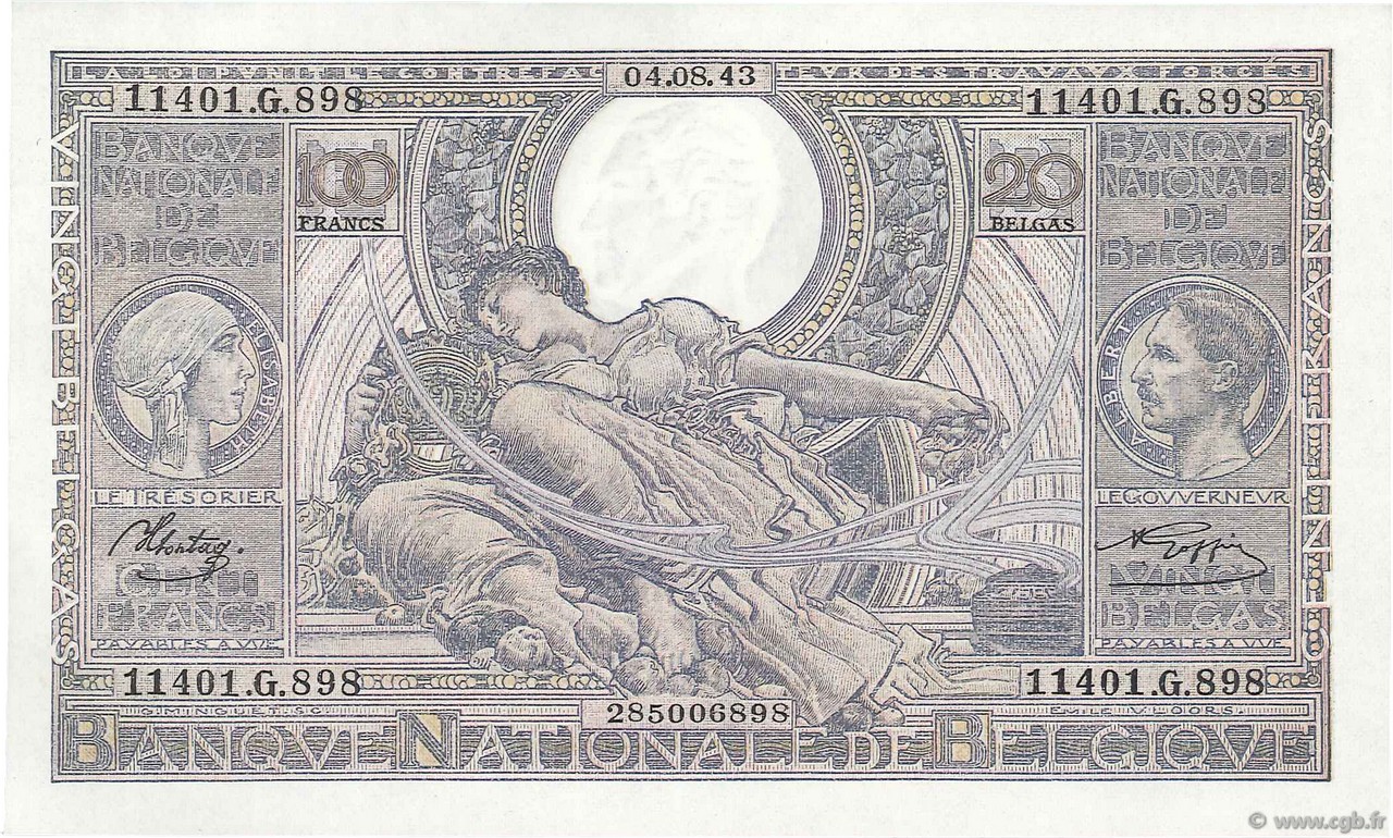 100 Francs - 20 Belgas BELGIUM  1943 P.107 UNC-