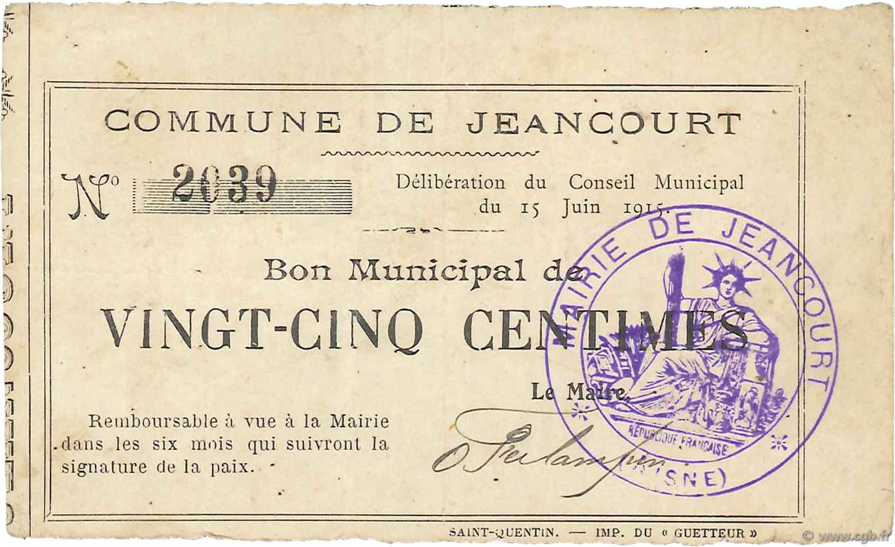 25 Centimes FRANCE regionalismo e varie  1915 JP.02-1243 BB