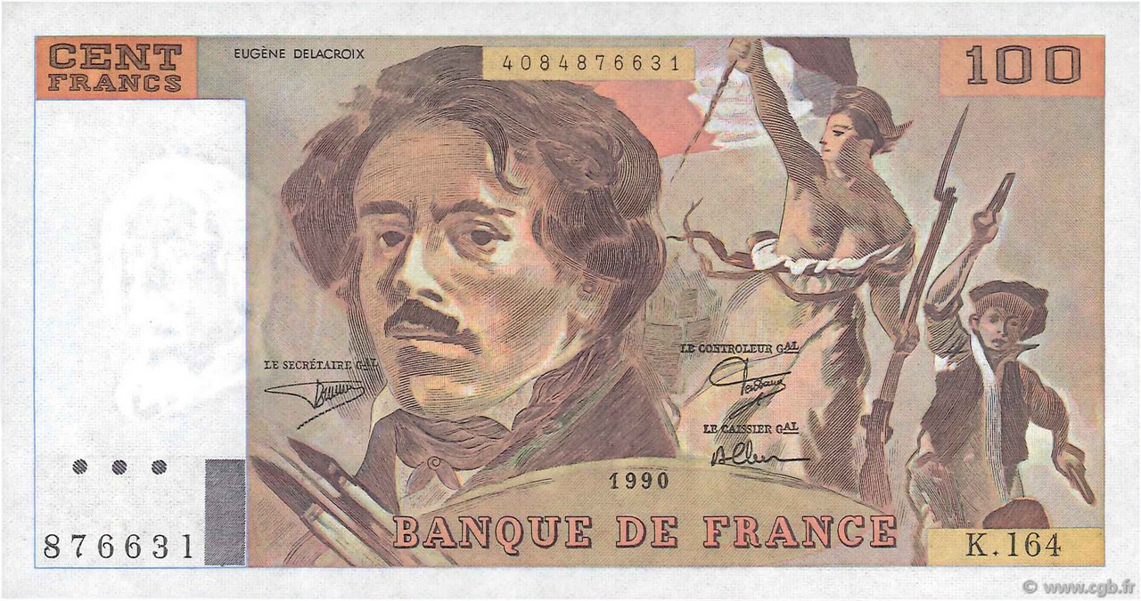 100 Francs DELACROIX imprimé en continu Fauté FRANCIA  1990 F.69bis.02b SC