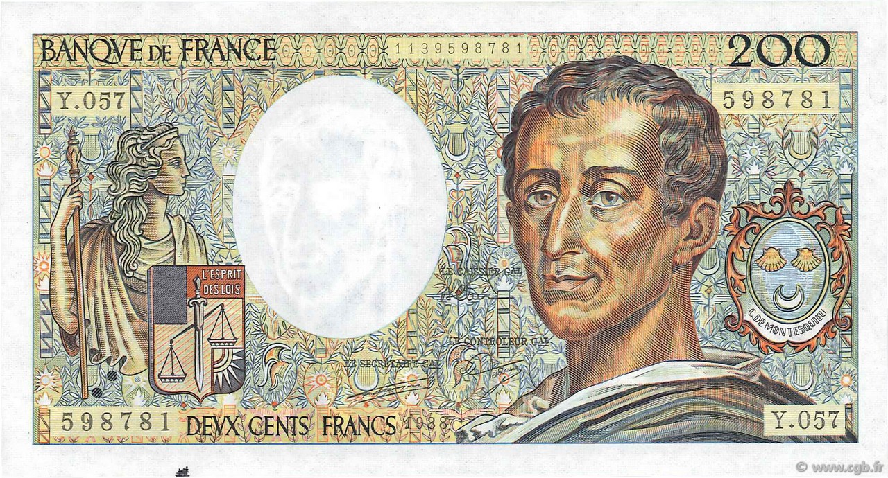 200 Francs MONTESQUIEU Fauté FRANCIA  1988 F.70.08 SC+