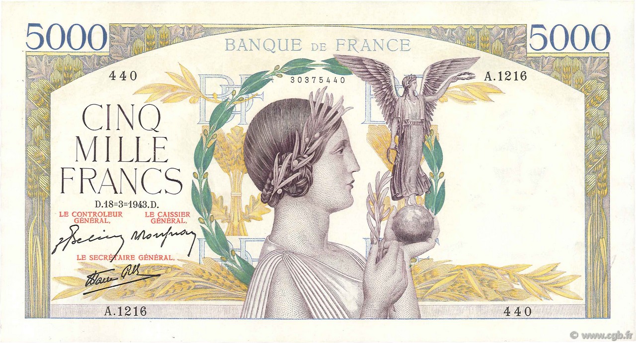 5000 Francs VICTOIRE Impression à plat FRANCE  1943 F.46.49 XF