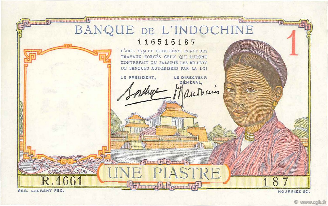 1 Piastre FRENCH INDOCHINA  1936 P.054b AU