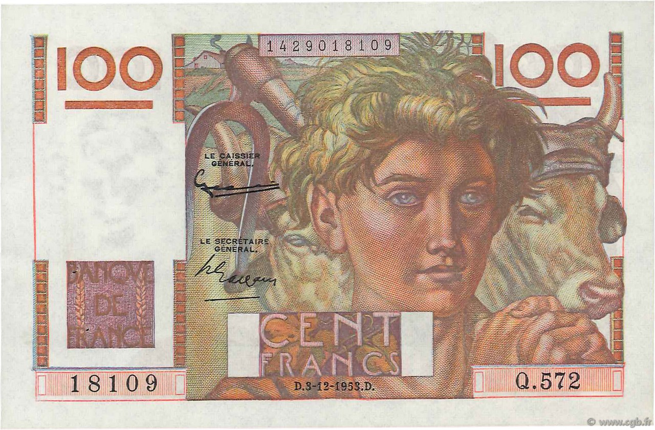 100 Francs JEUNE PAYSAN FRANCE  1953 F.28.40 AU