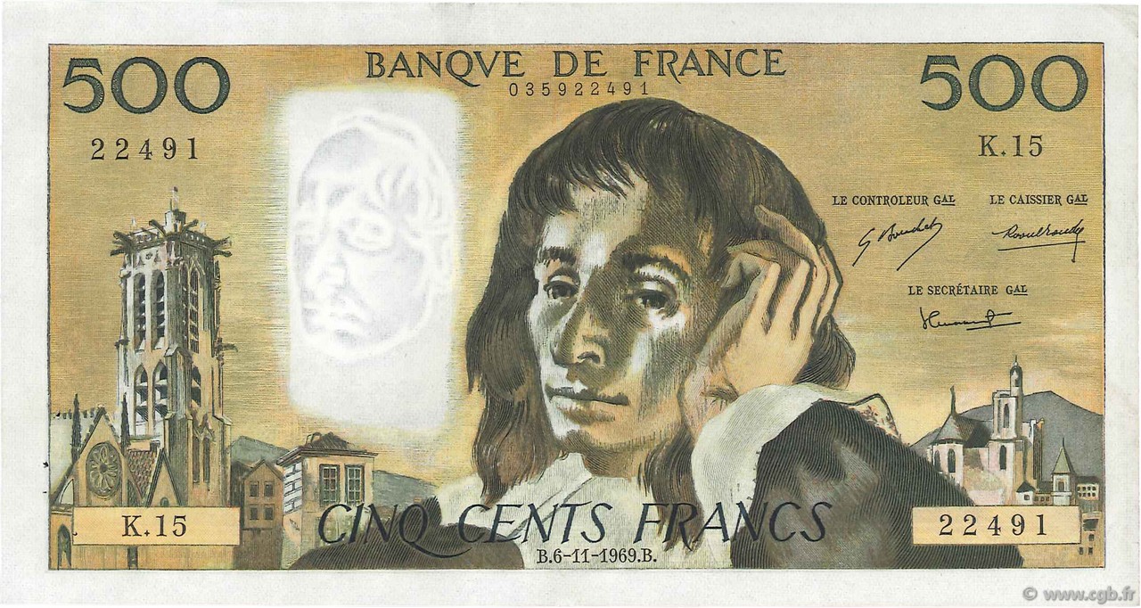 500 Francs PASCAL FRANCE  1969 F.71.04 XF-
