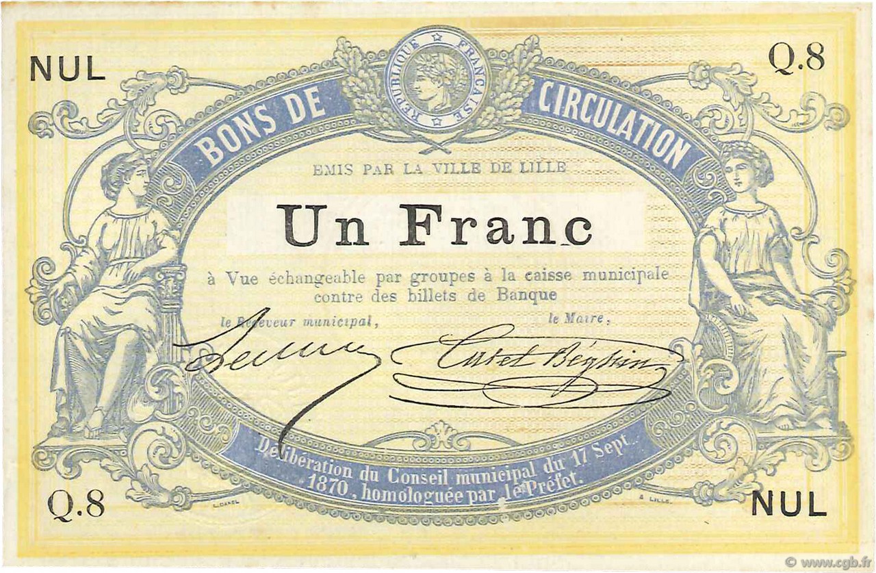 1 Franc Non émis FRANCE regionalismo e varie Lille 1870 JER.59.40A AU