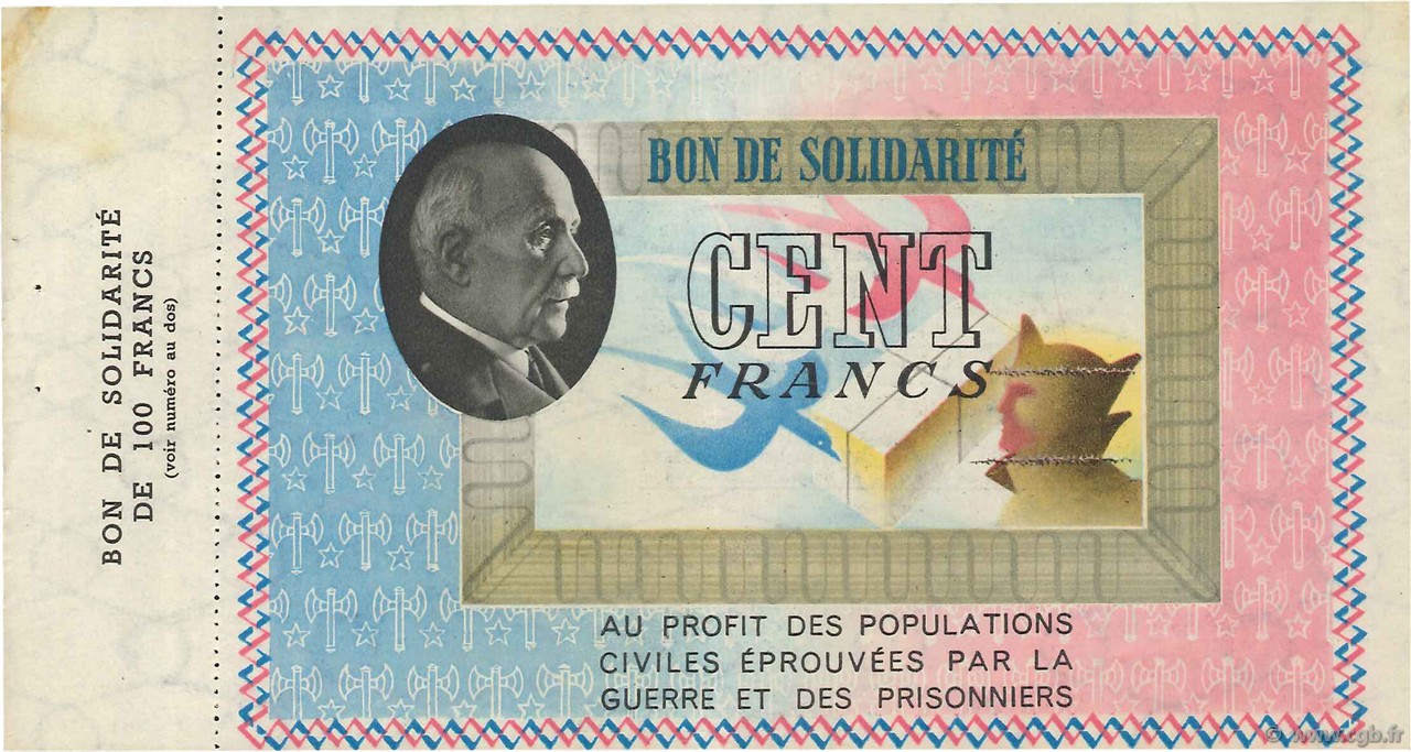100 Francs BON DE SOLIDARITÉ FRANCE regionalism and miscellaneous  1941 KL.10A1 XF-