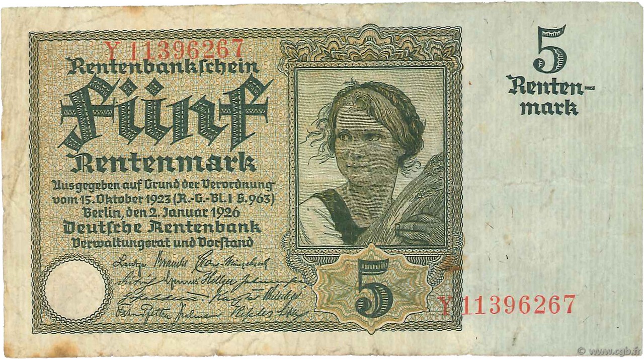 5 Rentenmark GERMANY  1926 P.169 F