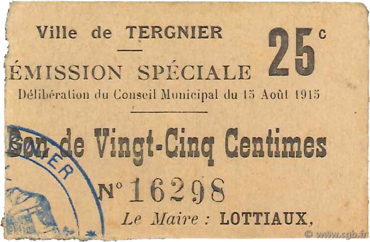 25 Centimes FRANCE regionalism and miscellaneous  1915 JP.02-2722 VF