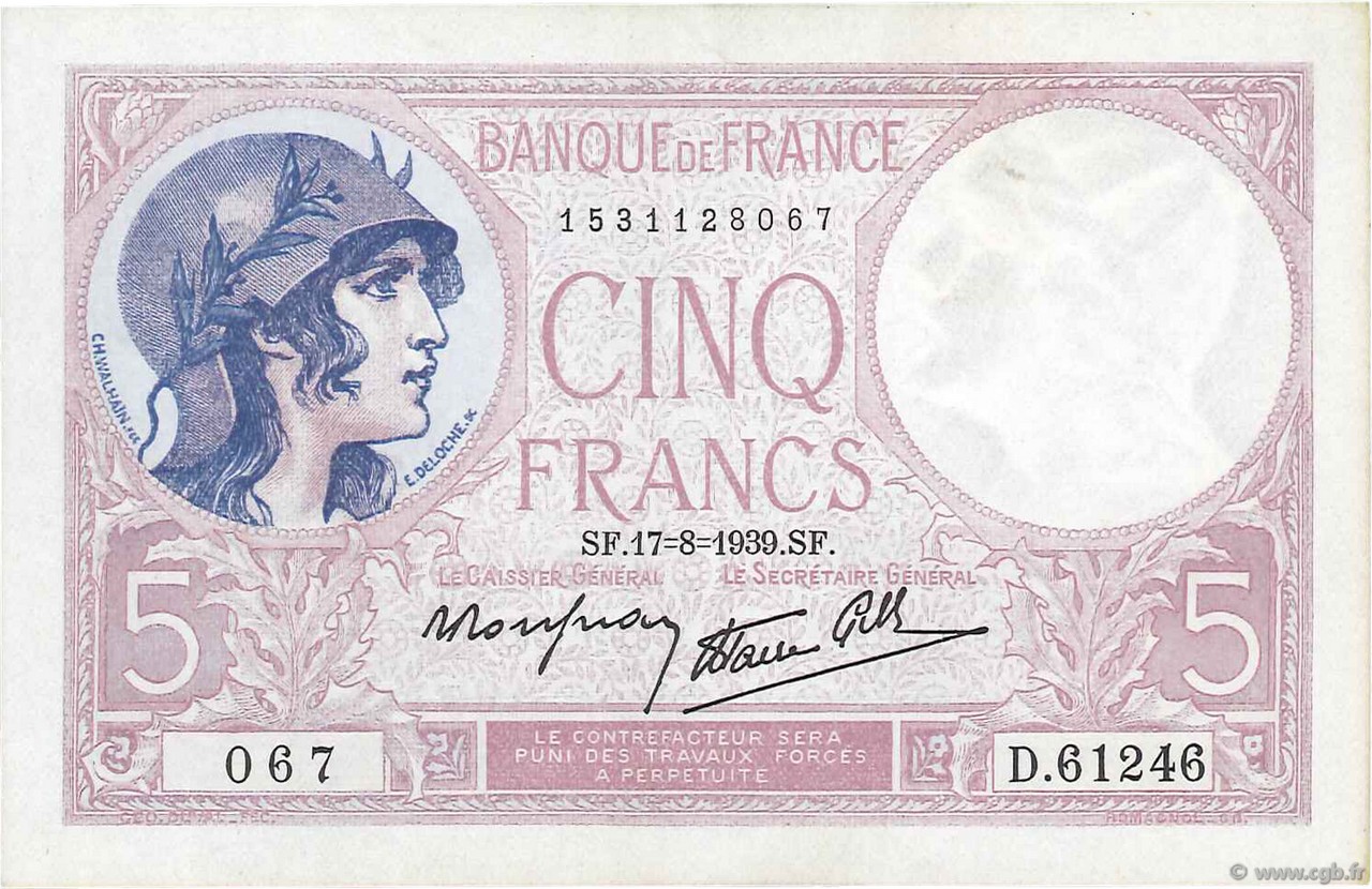 5 Francs FEMME CASQUÉE modifié FRANCIA  1939 F.04.06 EBC+