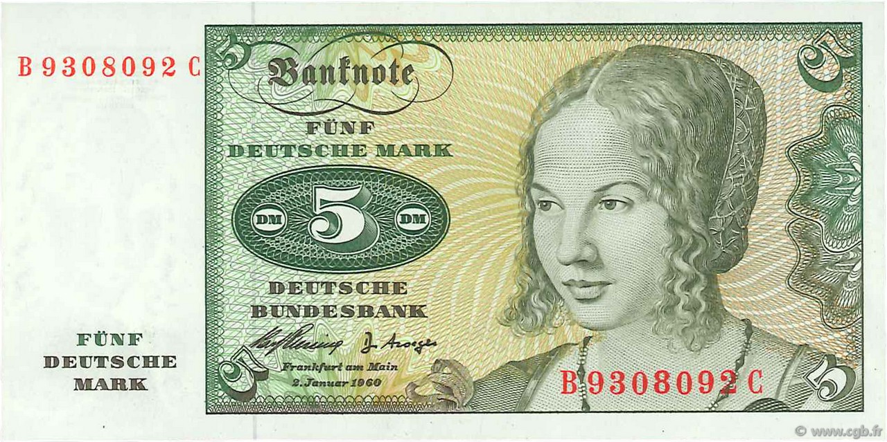 5 Deutsche Mark GERMAN FEDERAL REPUBLIC  1960 P.18a fST+