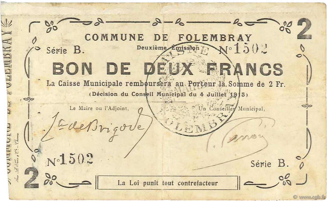 2 Francs FRANCE regionalismo y varios  1915 JP.02-0924 MBC