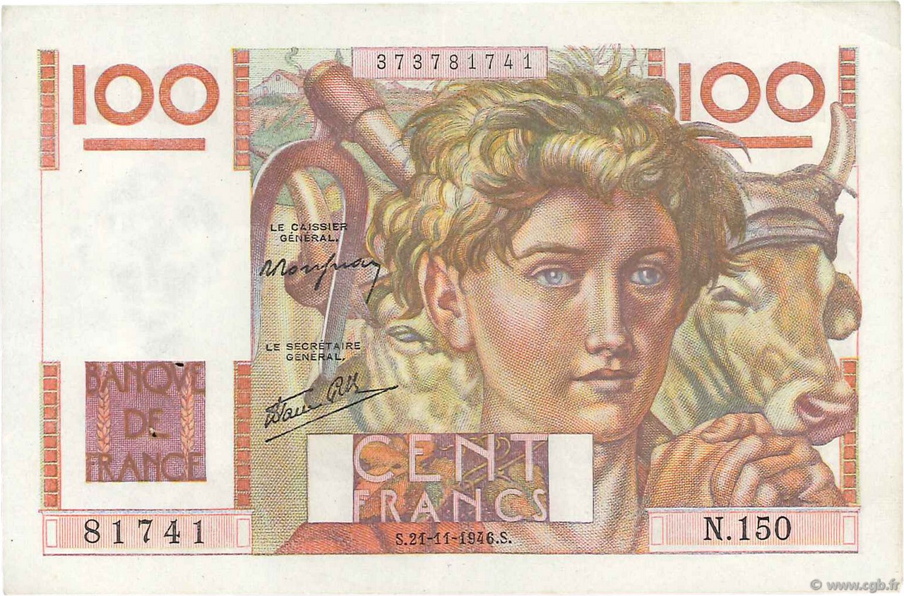 100 Francs JEUNE PAYSAN FRANCE  1946 F.28.11 XF - AU