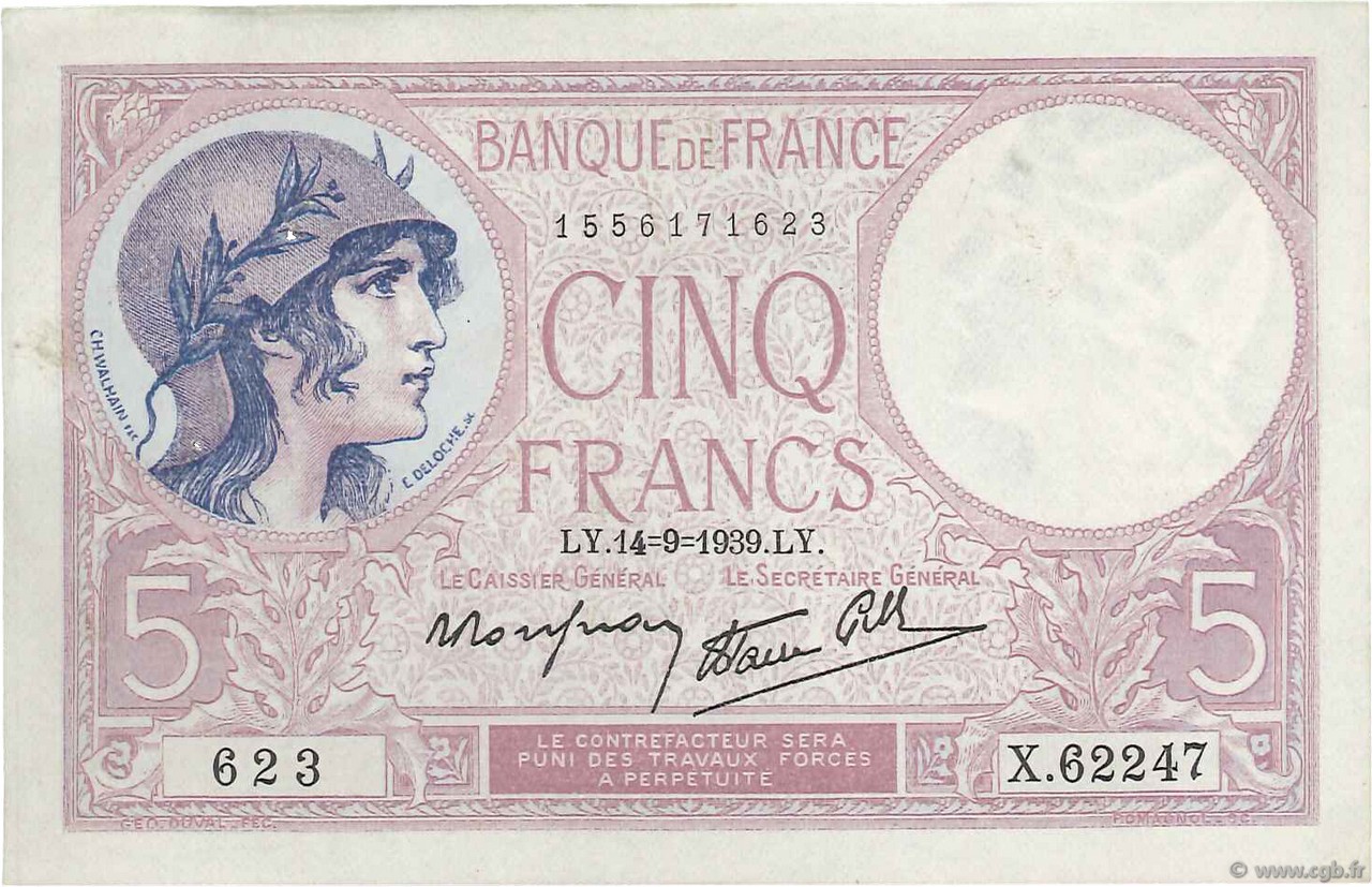 5 Francs FEMME CASQUÉE modifié FRANCE  1939 F.04.08 XF+