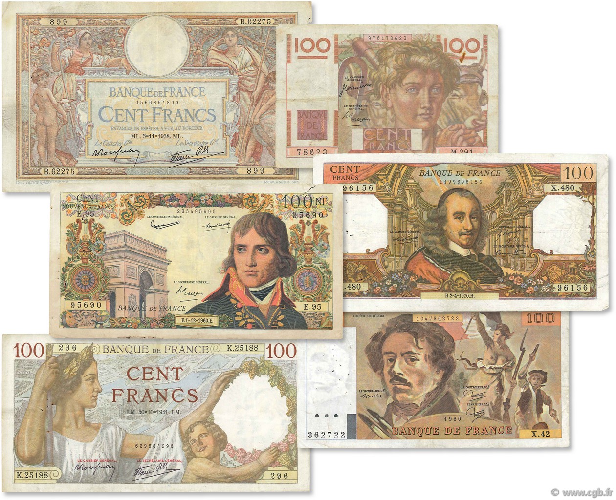 Lot 6 billets BdF : Les 100 Francs au XXe siècle FRANCIA  1940 F.25-26-28-59-65-69 MB