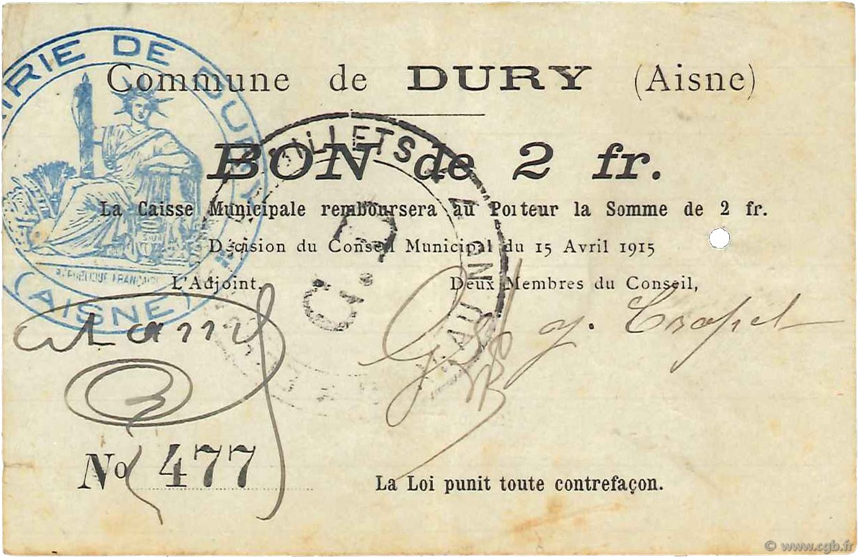 2 Francs FRANCE regionalism and various  1915 JP.02-0615 VF
